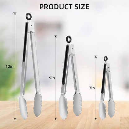 Tongs For Cooking - Heat Resistant 600 Degrees Stainless Steel Kitchen Tong,Heavy Duty Metal Locking Tongs - Perfect for Food,Salad and BBQ set of 3 (7",9" and 12") Dishwasher (Red)