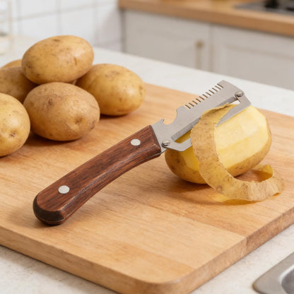 2 Pack Multi-Functional Vegetable Peeler, 3-in-1 Stainless Steel Peeler Shredder with Bottle Opener, Multifunctional Vegetable and Fruit Slicing Knife with Wooden Handle for Kitchen