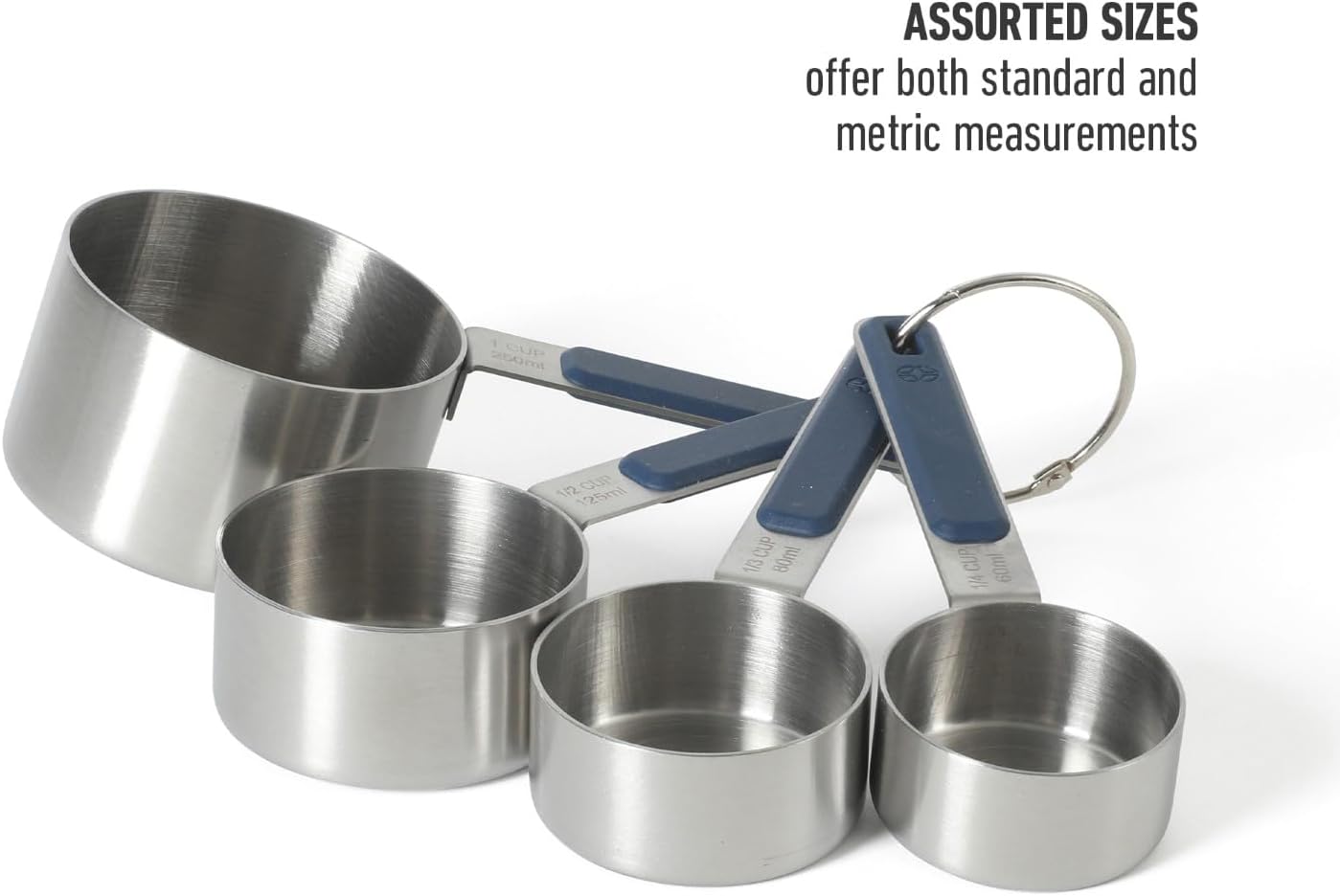 Calphalon Prime Measuring Cups, Kitchen Measurement Cup, 4-Piece Stainless Steel Kitchen Measuring Cup with Navy Silicone Handle Accurate, Durable for Dry and Liquid Ingredients