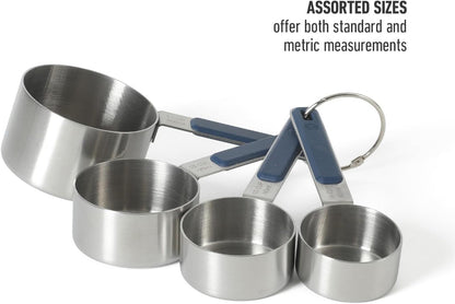 Calphalon Prime Measuring Cups, Kitchen Measurement Cup, 4-Piece Stainless Steel Kitchen Measuring Cup with Navy Silicone Handle Accurate, Durable for Dry and Liquid Ingredients