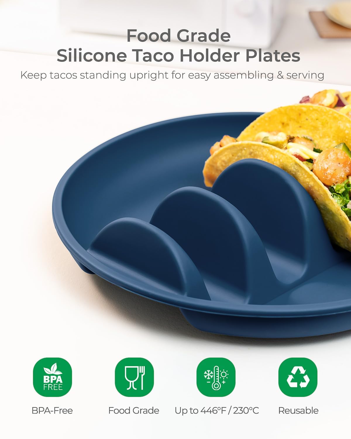 Silicone Taco Plates with Metal Reinforced Frame, Reusable Taco Holder Plates Silicone Taco Holders with Dividers for Hard/Soft Taco Shells, Taco Party Serving Plates, Dishwasher Safe
