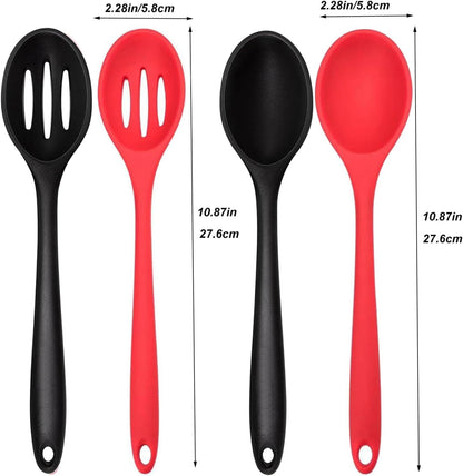 Silicone Cooking Spoon, Nonstick Kitchen Spoons Set for Cooking,Slotted and Solid Serving Spoon Heat Resistant, Silicone Mixing Basting Stirring Spoons for Nonstick Cookware 4 Pack (Black)