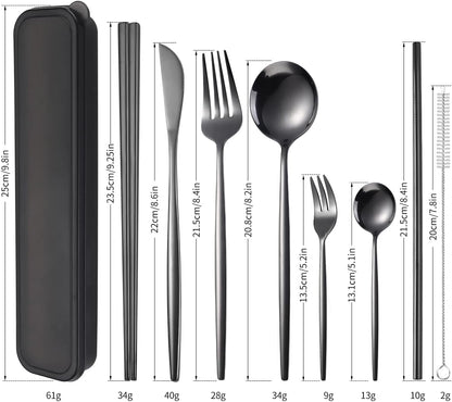 AARAINBOW 8 Pieces Stainless Steel Flatware Set Portable Reusable Cutlery Set Travel Utensils Set Including Chopsticks Knife Fork Spoon Straws Cleaning Brush Dishwasher Safe (Pink Golden)