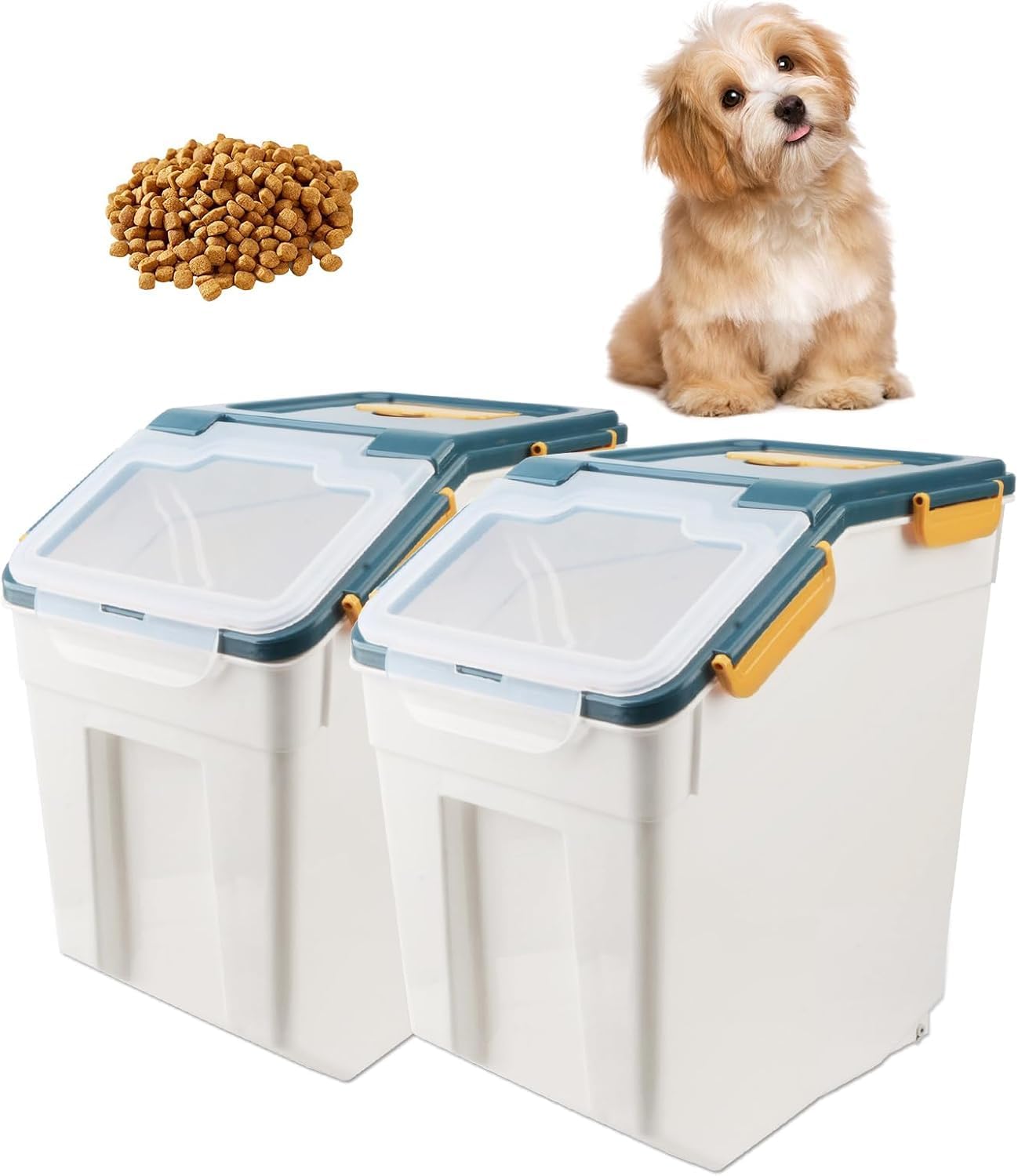 AnRui Airtight Flour Storage Container 25lb, Plastic Grain Storage Bucket, Rice Cereal Dispenser Organizer Box with Lid, Cat Dog Food Storage Bin with Measuring Cup, Scoop, Wheels, 2Pcs Green