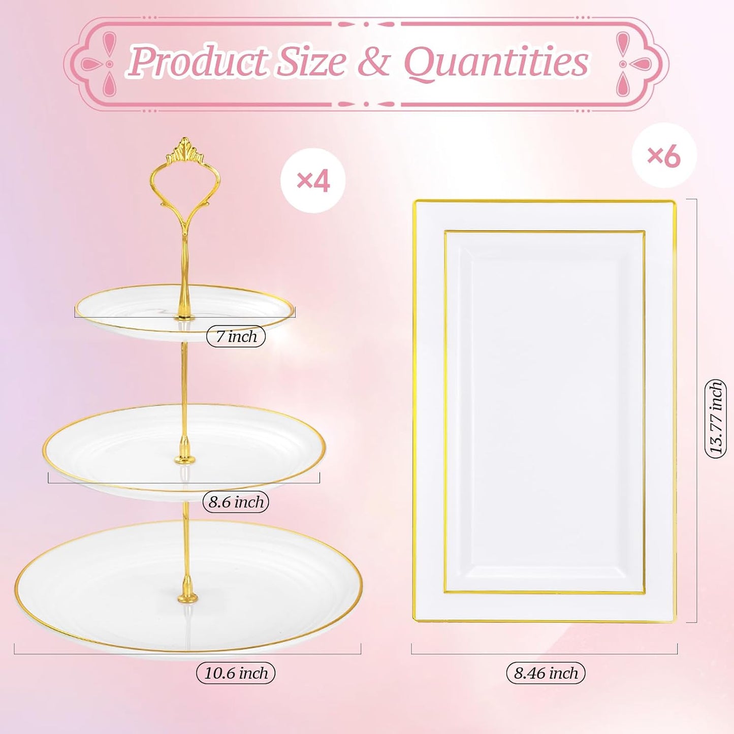 Supernal 10 Pack Dessert Table Display Set -4 Sets 3 Tier Cupcake Stand,6 Pcs Food Serving Trays,Elegant Tableware for Cupcakes and Snacks,Perfect for Tea Party Baby Shower Decorations(White and Gold)