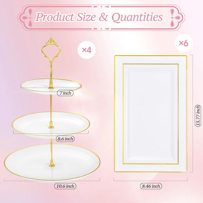 Supernal 10 Pack Dessert Table Display Set -4 Sets 3 Tier Cupcake Stand,6 Pcs Food Serving Trays,Elegant Tableware for Cupcakes and Snacks,Perfect for Tea Party Baby Shower Decorations(White and Gold)