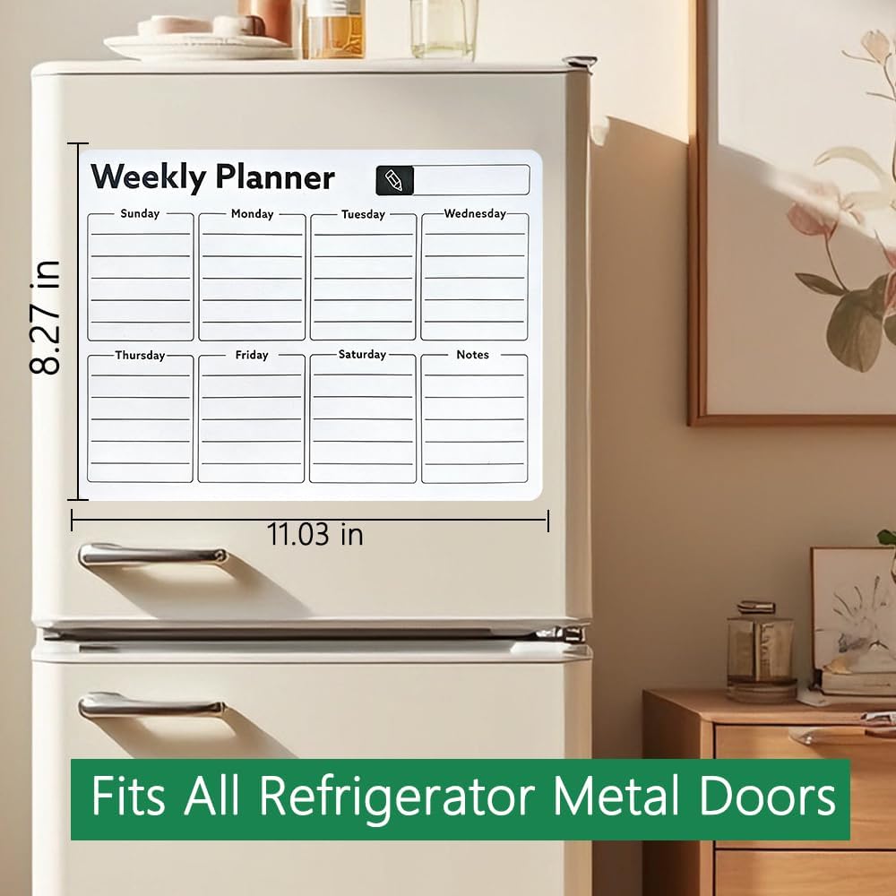 Magnetic Refrigerator Calendar Weekly & Monthly Planner, Erasable Whiteboard Sticker with Notes Section, Ideal for Organizing Meal Plans and Scheduling Tasks