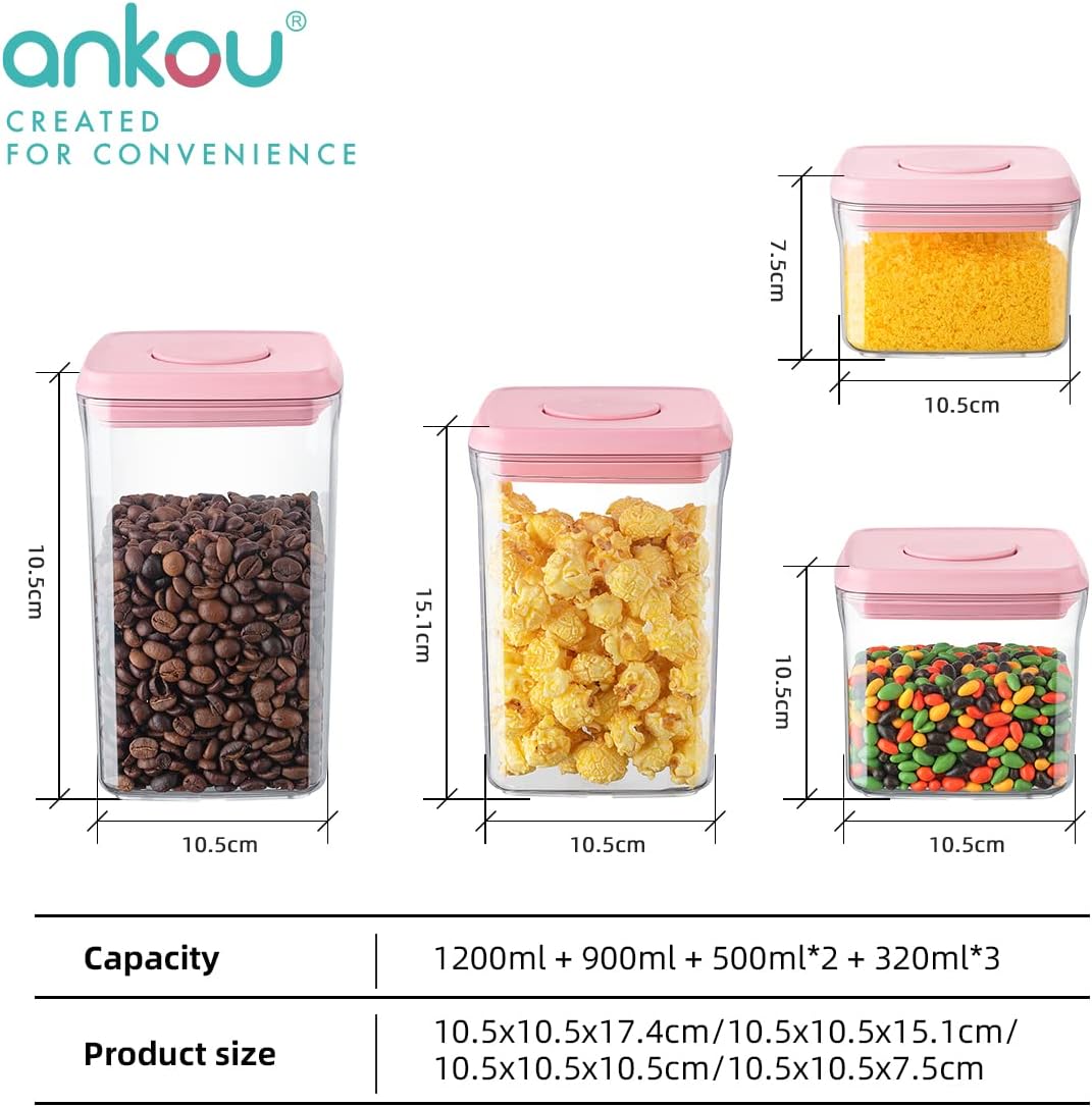 Ankou Airtight Container Set - (380ml 4 Pcs) Stackable One Button Openning Food Containers for Snacks Candy Salt Herbs Spices BPA-Free Tranparent (0.32 QT * 4)