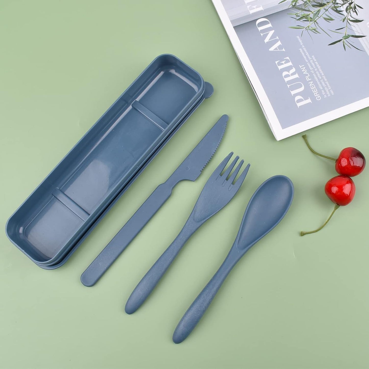 2 Sets Reusable Utensil Set with Case, Portable Plastic Spoons Fork Knife Camping Utensils for Lunch Box Accessories for Kids Adults Travel Picnic Camping Daily Use(Blue, Black)