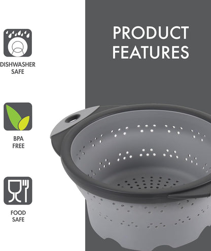 Dexas 10" Collapsible Silicone Colander in Cream, Kitchen Strainer with Handles, 15.1 Cup Capacity | BPA-Free, Heat-Resistant, Space-Saving Kitchen Tool