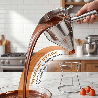 40oz Stainless Steel Pancake Batter Dispenser with Stand, Funnel Cake & Cupcake Batter Dispenser, Multi-Caliber Nozzles for Waffles, Crepes & Icing – Includes 4 Nozzles, Whisk & Brush