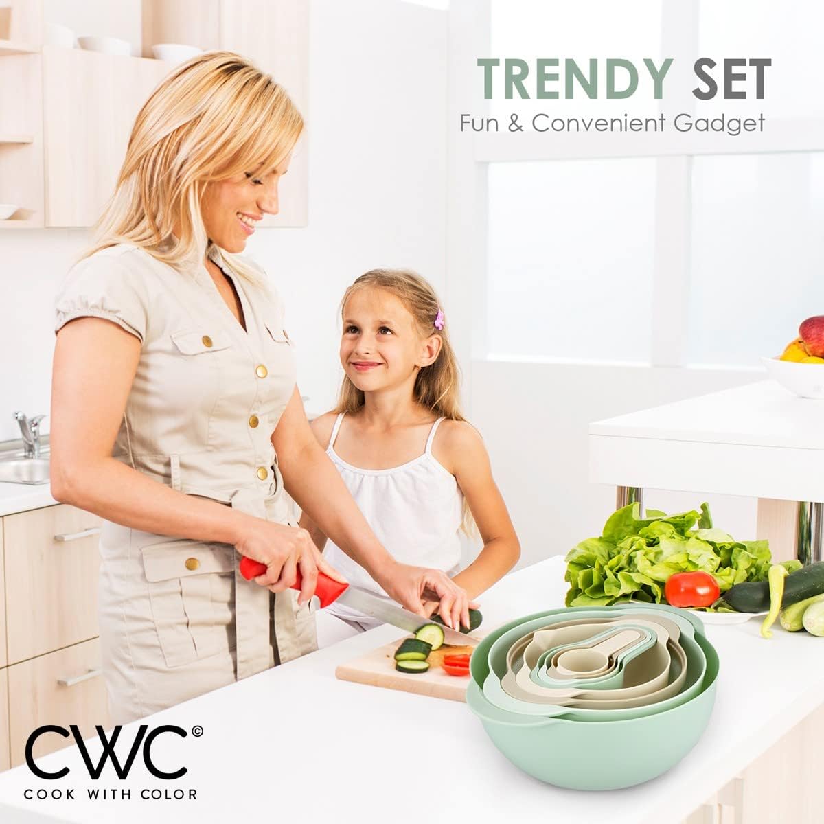 COOK WITH COLOR Nesting Bowls with Measuring Cups Colander and Sifter Set - Includes Mixing Bowls, Colander, Sifter and Measuring Cups, Navy, 8 Pc Bowl