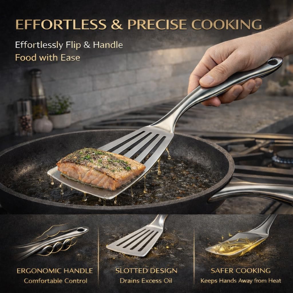 Premium Stainless Steel Fish Spatula Set (2-Pack), Slotted Metal Turner with Ergonomic Handle, Mirror Polished, Ideal for Fish, Eggs & Delicate Foods