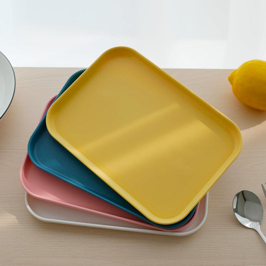 Plastic Serving Trays Set of 4, Rectangular Reusable Unbreakable Platters for Party, Picnic, BBQ & Home, Lightweight Stackable BPA-Free, 4 Assorted Color