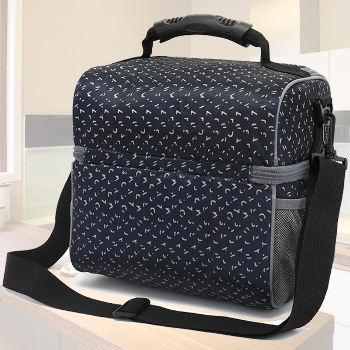 FlowFly Double Layer Cooler Insulated Lunch Bag Adult Lunch Box Large Tote Bag for Men, Women, With Adjustable Strap,Front Pocket and Dual Large Mesh Side Pockets