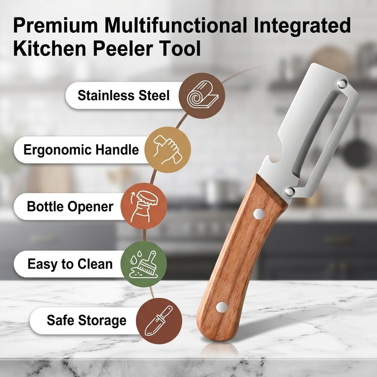 Vegetable Peeler with Wooden Handle and Bottle Opener, 2-in-1 Stainless Steel Kitchen Tool for Fruits, Potatoes, Pumpkins, 2 Pack