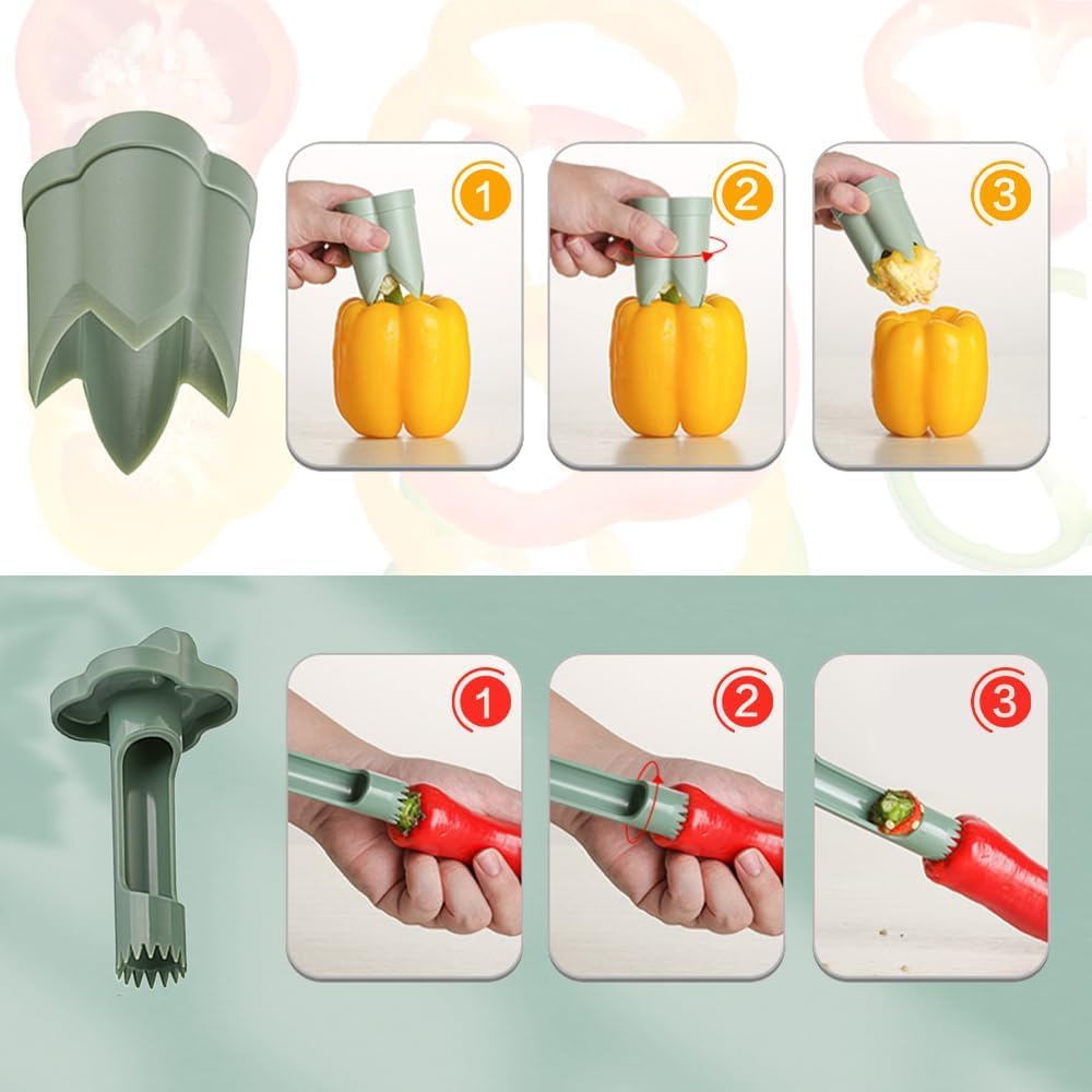 Pepper Seed Corer Remover, 2 in 1 Bell Pepper Cutter Pepper Porer Seed Remover Tool, Pepper Deseeder Bell Pepper Corer Tool Pepper Cutter for Vegetables Kitchen Gadget (Green)