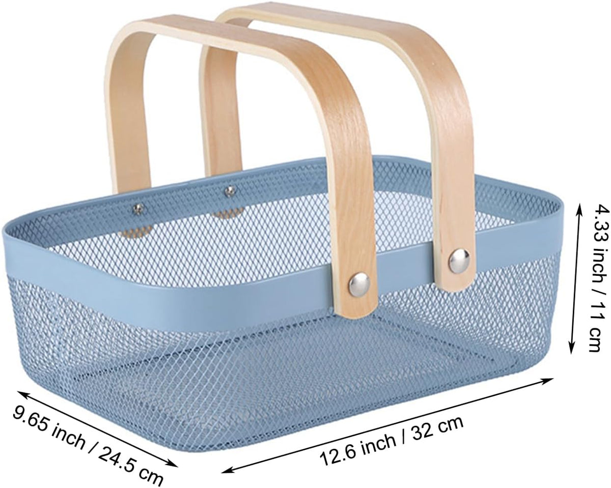 AJIODA Metal Mesh Steel Basket, Storage Organizer Basket Garden Harvest Basket Multi-functional Kitchen Fruit Baskets Bin with Wooden Handle for Bathroom Picnic Shopping Decor Cabinet Home, Pink