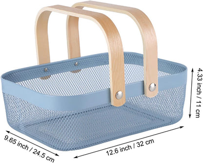 AJIODA Metal Mesh Steel Basket, Storage Organizer Basket Garden Harvest Basket Multi-functional Kitchen Fruit Baskets Bin with Wooden Handle for Bathroom Picnic Shopping Decor Cabinet Home, Pink