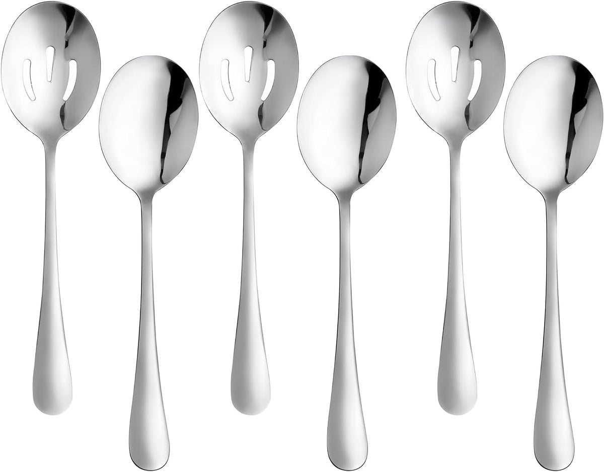 6 PCS Serving Spoons Set, 8.7 Inch Serving Spoon, Slotted Spoons, Silver