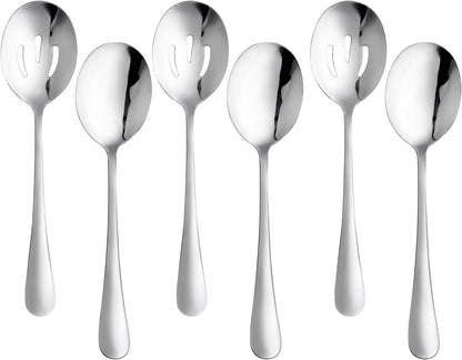 6 PCS Serving Spoons Set, 8.7 Inch Serving Spoon, Slotted Spoons, Silver