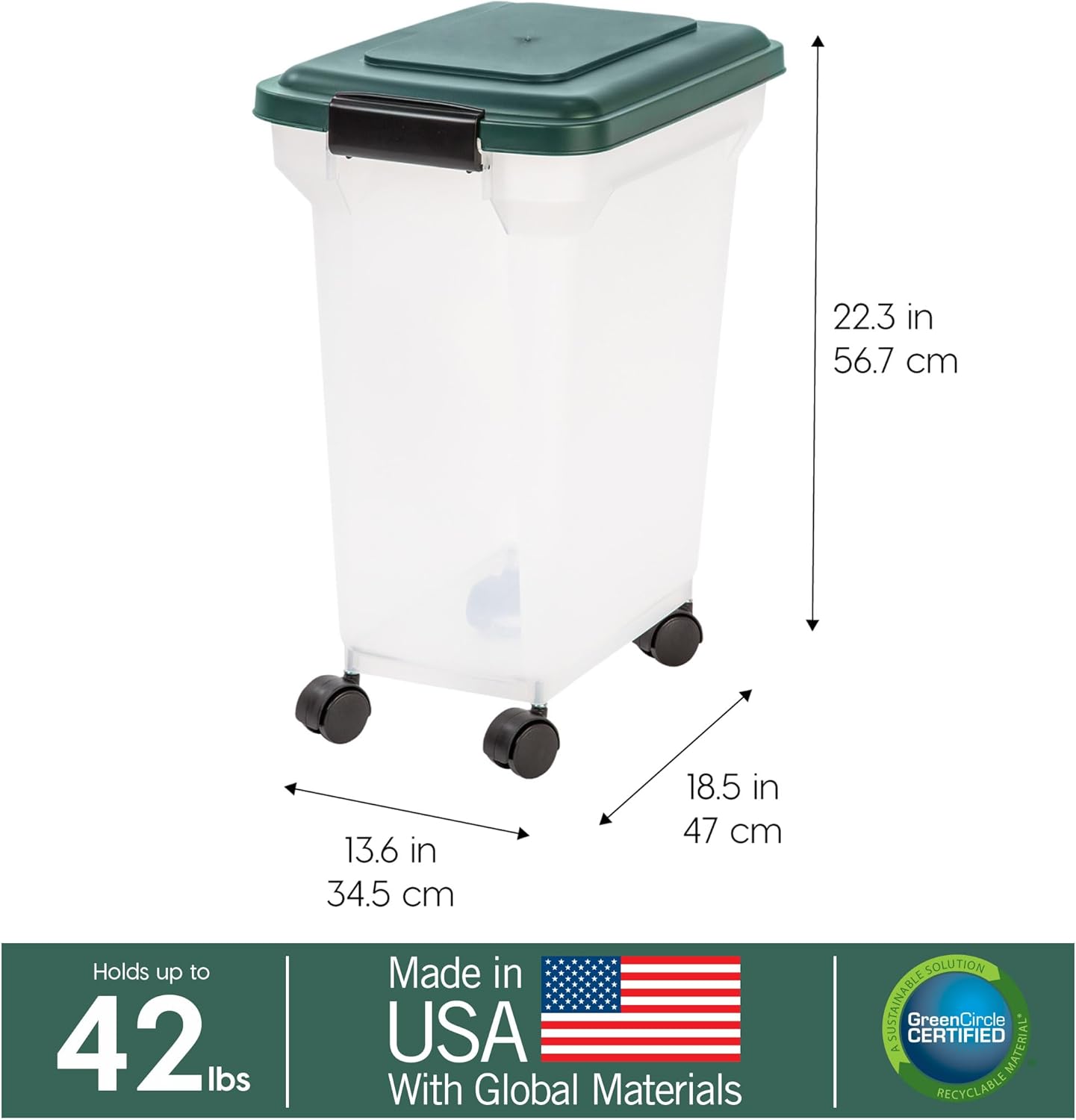 IRIS USA Remington Dog Food Storage Container, 30 lbs, 11 lbs, Airtight, Stackable, Wheels, Food Storage, Treat Box, 2-Cup Scoop