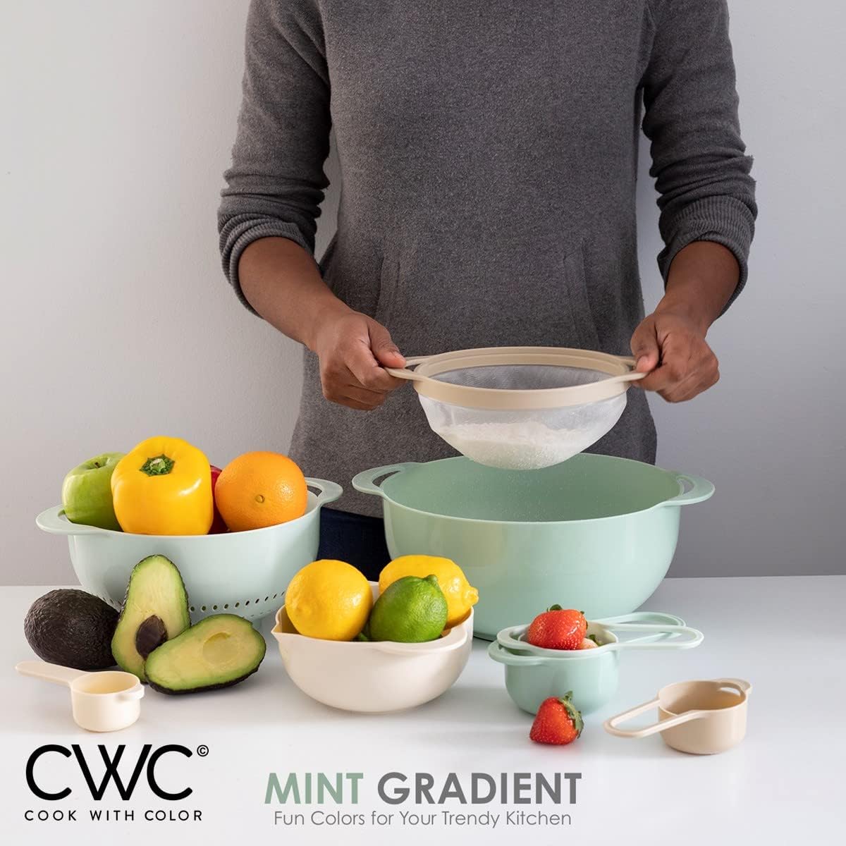 COOK WITH COLOR Nesting Bowls with Measuring Cups Colander and Sifter Set - Includes Mixing Bowls, Colander, Sifter and Measuring Cups, Navy, 8 Pc Bowl