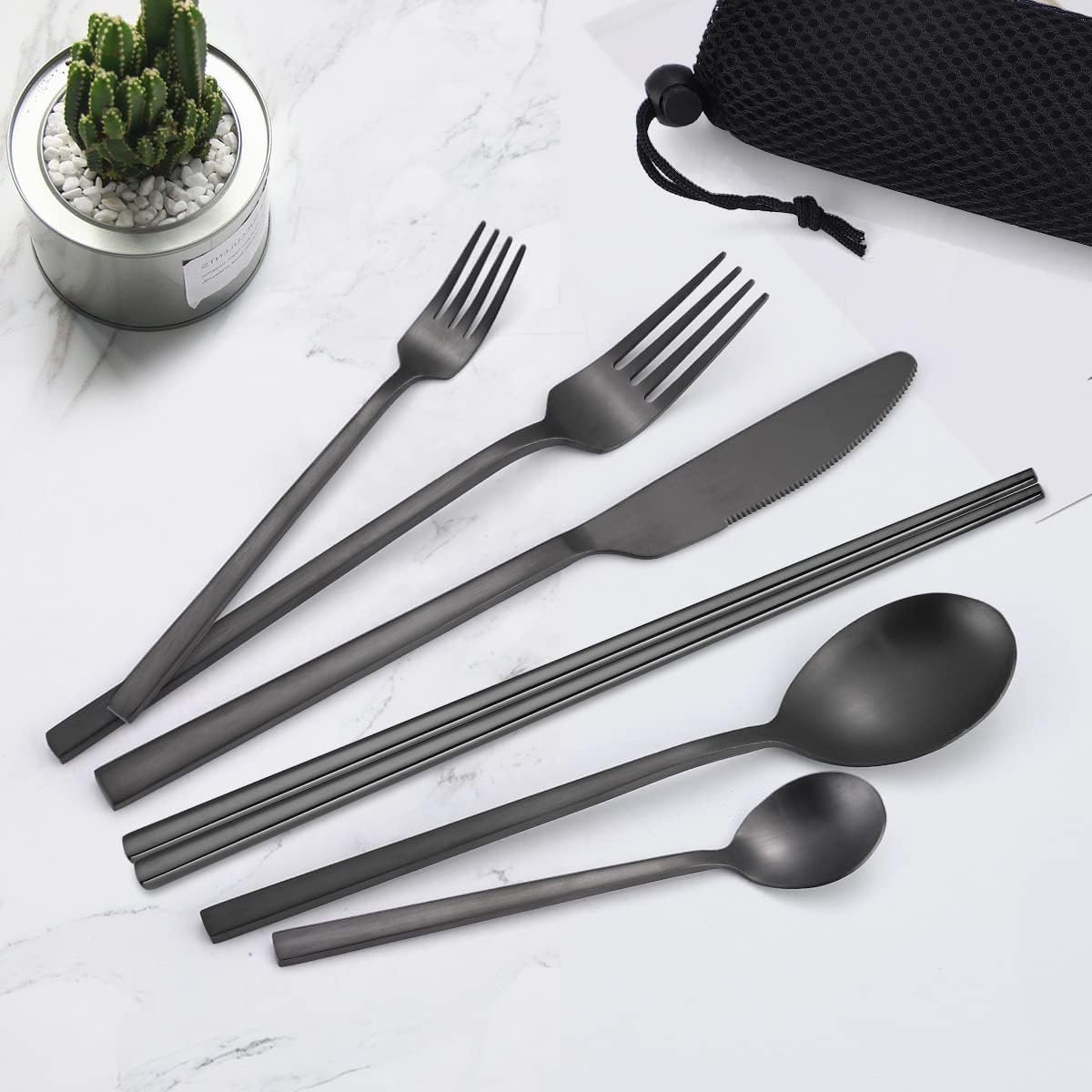 AARAINBOW 6 Pieces 18/8 Stainless Steel Flatware Set Portable Reusable Cutlery Set Travel Utensils Set Including Chopsticks Knife Fork Spoon Straws Cleaning Brush Dishwasher Safe (Green golden)
