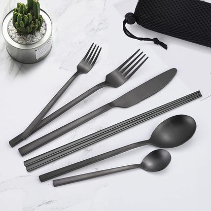 AARAINBOW 6 Pieces 18/8 Stainless Steel Flatware Set Portable Reusable Cutlery Set Travel Utensils Set Including Chopsticks Knife Fork Spoon Straws Cleaning Brush Dishwasher Safe (Green golden)