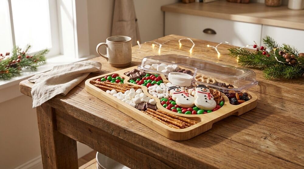 Farberware Build-A-Board Bamboo Cutting Board with Built-In Compartments & Clear Locking Lid, Black Handles, Charcuterie, Snack Tray, Food Prep and Serving Platter
