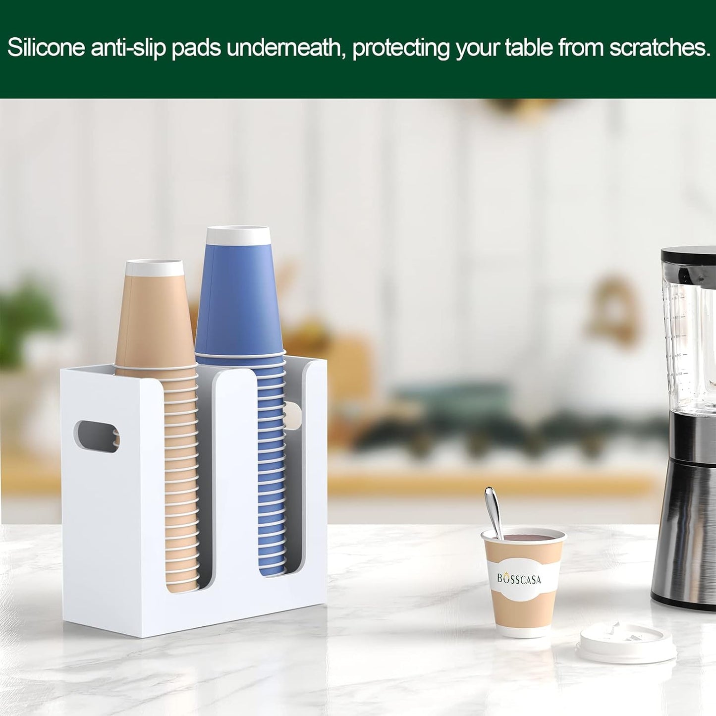 Disposable Coffee Cup Dispenser with Handles, Countertop or Wall Mount Hot/Cold Drink Cup and Lid Holder - Bathroom/Kitchen/Office Acrylic Cup Lid Storage Organizer (1 Compartment, Clear)