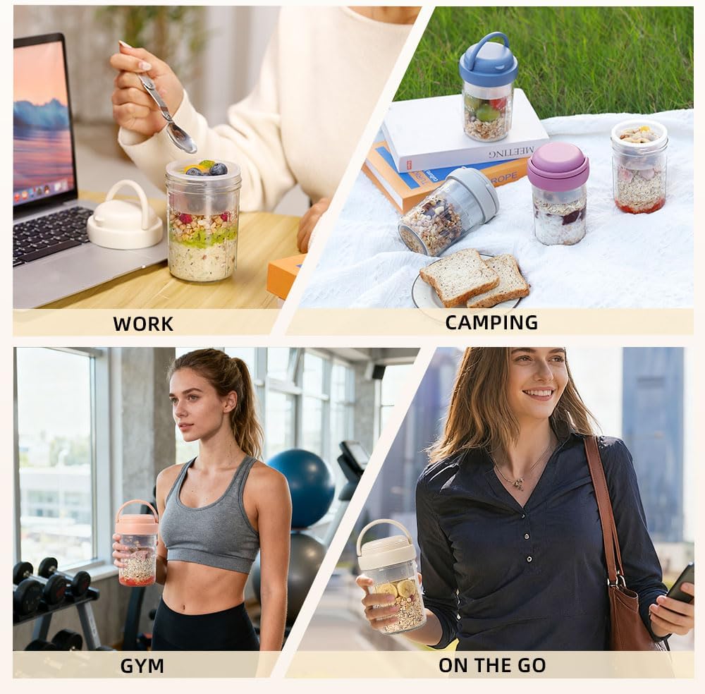 2 Pack Overnight Oats Containers with Lids and Handles, Folding Spoons & Divided Compartments for Fruit & Nuts, 16oz Mason Jars for Oatmeal Yogurt Container Chia Pudding Jars with lids (Cream 2pcs)