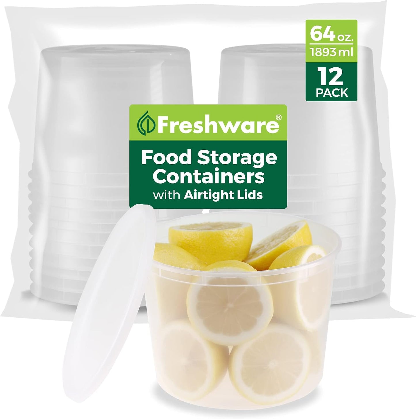 Freshware Food Storage Containers [24 Set] 32 oz Plastic Deli Containers with Lids, Slime, Soup, Meal Prep Containers, BPA Free, Stackable, Leakproof, Dishwasher and Freezer Safe, Translucent