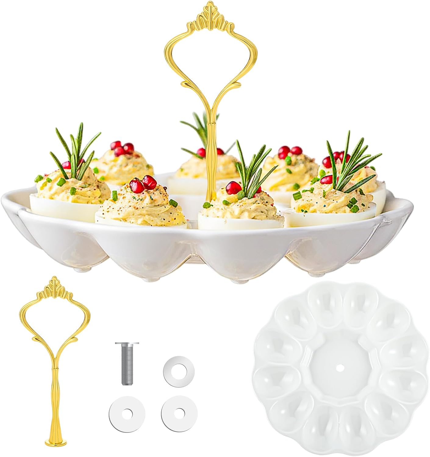 Potchen Multi Tier Ceramic Deviled Egg Platter Deviled Egg Tray Container, Detachable Eggs Holder Tower Wedding Party Food Container for Kitchen Countertop Microwave Dishwasher Freezer(Flower,3 Tier)