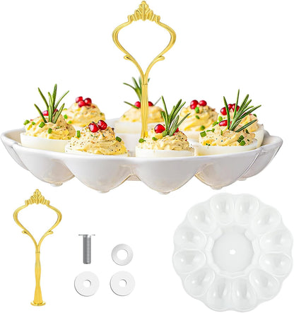Potchen Multi Tier Ceramic Deviled Egg Platter Deviled Egg Tray Container, Detachable Eggs Holder Tower Wedding Party Food Container for Kitchen Countertop Microwave Dishwasher Freezer(Flower,3 Tier)