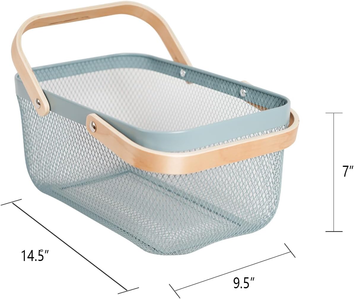 Metal Mesh Steel Harvest Basket, Rectangle Wire Garden Basket with Handle – Multi-functional Storage Organizer for Gathering Vegetables, Fruits, Kitchen, Garden, Picnic & Cabinet (Ivory)