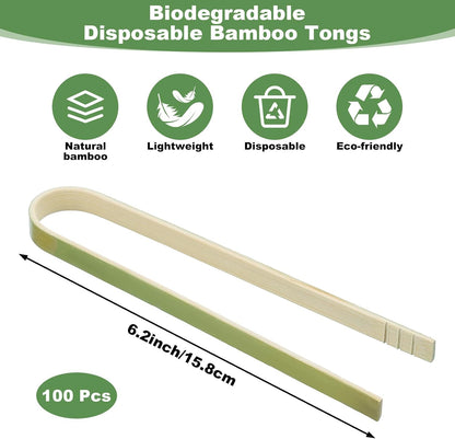 100 Pcs Mini Bamboo Tongs Disposable, 6.2 Inch Wooden Tongs for Toaster, Serving Food, Toast, Bread, Pickles, Tea Supplies, Disposable Utensils for Home, Catering & Buffet, Anti-slip Design