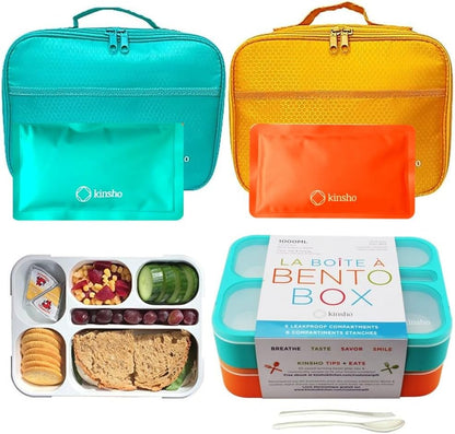 kinsho Lunch Box for Kids Boys Girls - Bento Box Set with Insulated Bag and Ice Pack, 6 Compartment Leak Proof Food Container, BPA-Free, Microwave Safe, Ideal for School & Work, Teal