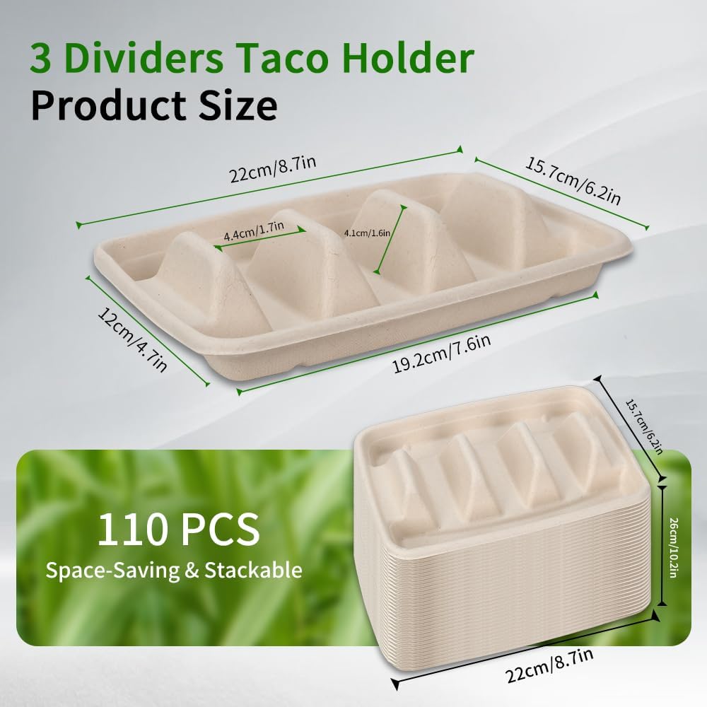 110 Pack Disposable Taco Holders,Taco Plates Disposable with 3 Dividers for Taco Tuesday Decorations and Party Taco Bar Serving Set