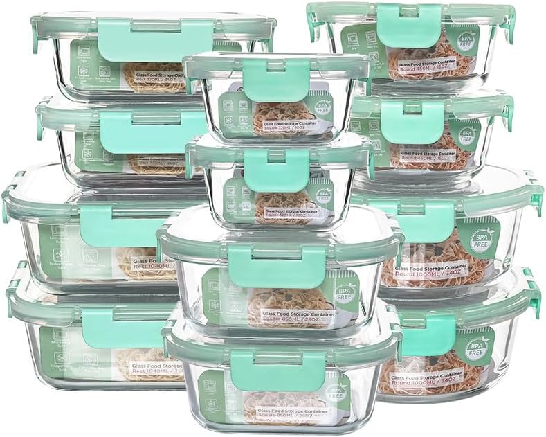 12 Pack Glass Storage Containers Transparent, Stackable Design Meal Prep Containers for Food Storage, Home, Kitchen & Pantry Organization, Microwave/Freezer/Dishwasher Safe