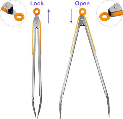 304 Stainless Steel Kitchen Cooking Tongs, 9" and 12" Set of 2 Sturdy Grilling Barbeque Brushed Locking Food Tongs with Ergonomic Grip, Black