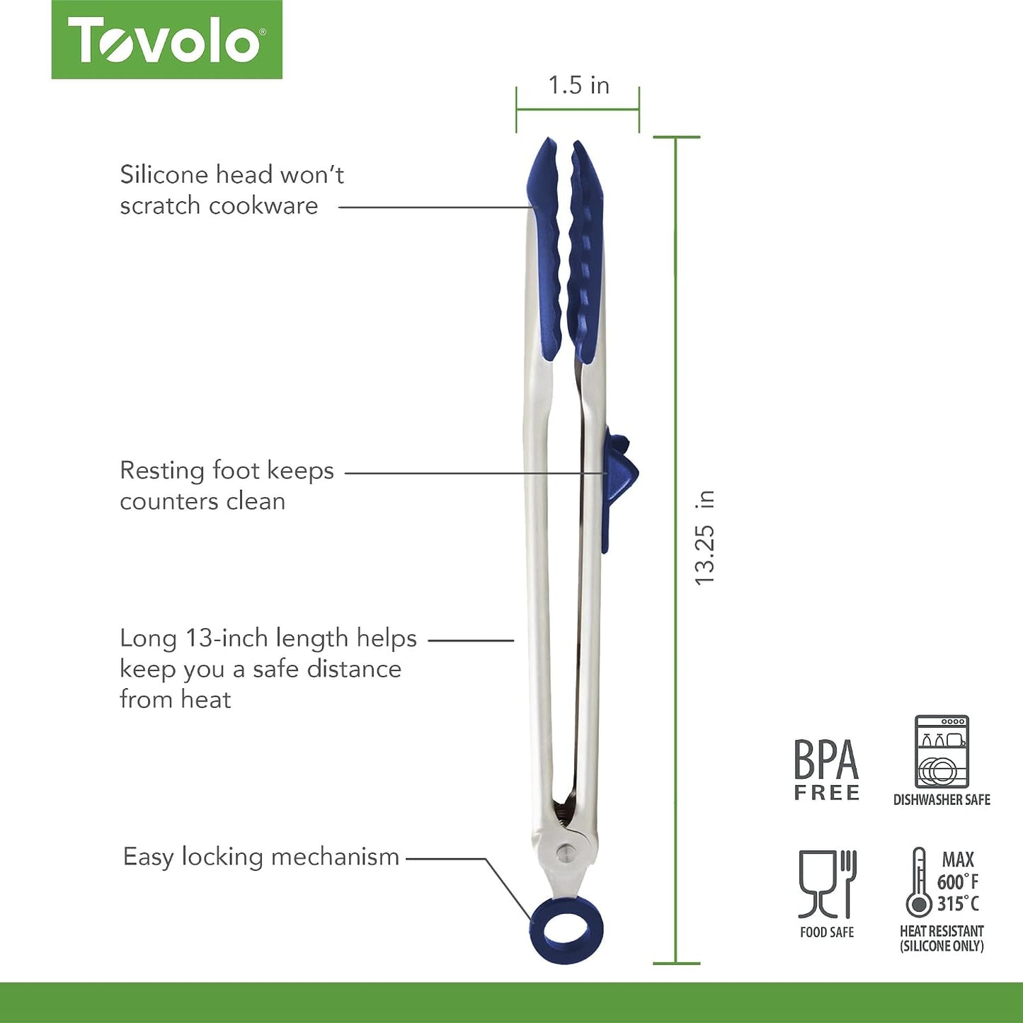 Tovolo Tongs With Silicone Tips Easy Grip 13” Long Kitchen Tongs Stainless Steel Handle For Cooking BBQ, Non Scratch Heat Resistant Locking Metal Silicone Tipped Dishwasher Safe BPA Free, Black