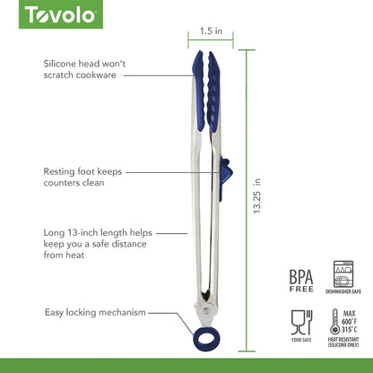 Tovolo Tongs With Silicone Tips Easy Grip 13” Long Kitchen Tongs Stainless Steel Handle For Cooking BBQ, Non Scratch Heat Resistant Locking Metal Silicone Tipped Dishwasher Safe BPA Free, Black