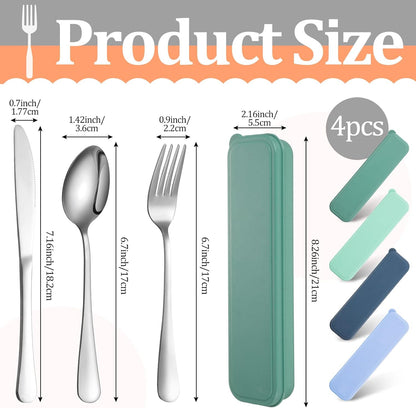 Yinkin 4 Pack Portable Travel Utensils Set with Case Reusable Stainless Steel Silverware Flatware Camping Cutlery Include Fork Spoon Knife for Work School Dishwasher Safe(White, Green, Red, Black)