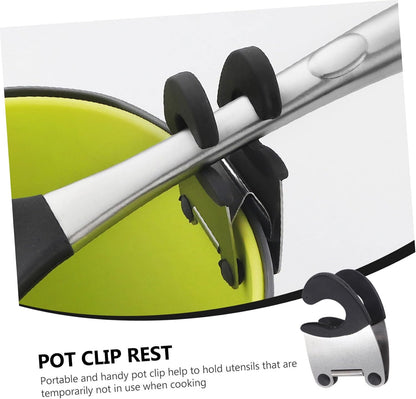 Pot Clip Holder, 2Pcs Spoon Holder for Pot Clip, Stainless Steel Utensil Pot Clip Spoon Rest Pot Fixed Clamp for Kitchen Cooking Accessories (Black)