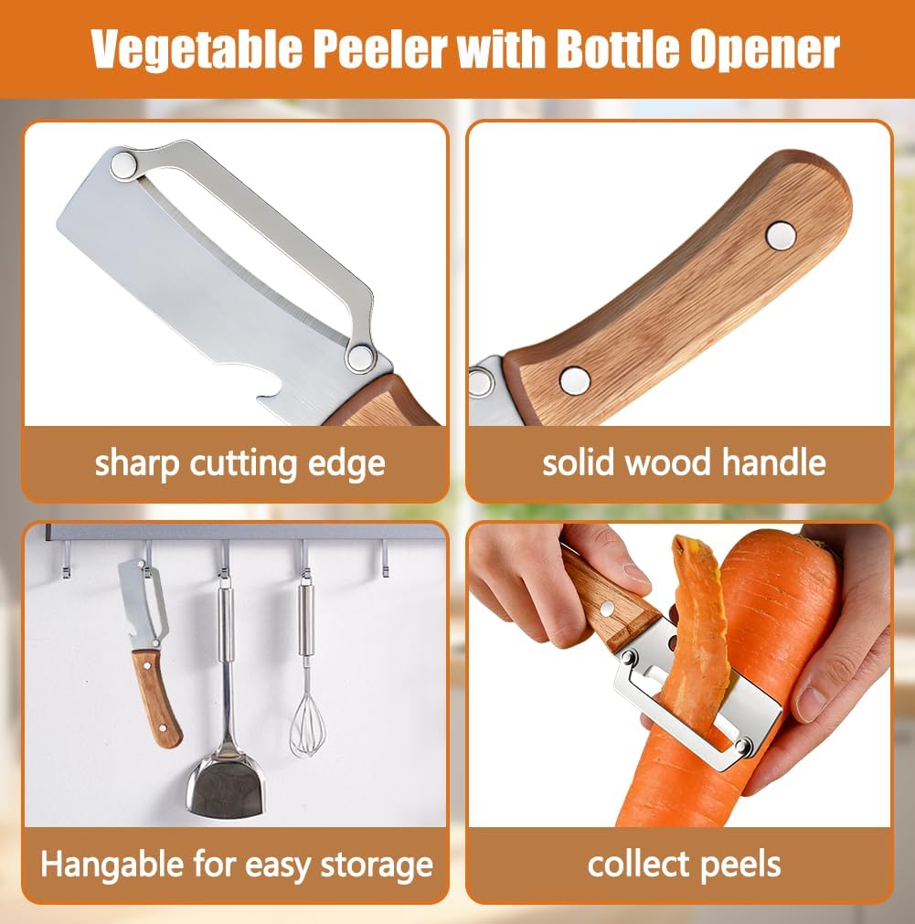 Multi-Functional Vegetable Peeler for Kitchen, Stainless Steel Vegetable and Fruit Peeler with Wooden Handle and Bottle Opener, Peelers for Kitchen, for Fruit Pumpkin Papaya Potato Carrot Apple