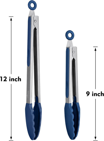 HOTEC Premium Stainless Steel Locking Kitchen Tongs with Silicon Tips, Set of 2-9" and 12"