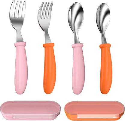 Toddler Utensils, Toddler Forks and Spoons, Baby Utensils Set with Storage Box for Self Feeding Safe, Dishwasher Safe (2 Set with Case)