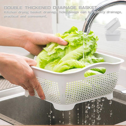 Double-layer Draining Basket Plastic Fruits & Vegetable Washing Basket for Kitchen (Blue)