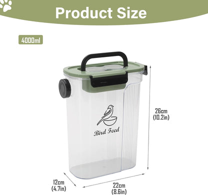 Bird Food Container,Pet Food Storage Bin with Side Pouring Spout and Handle,5lb Bird Seed Storage Container,Airtight BPA Free Portable BirdSeed Storages for Outside Feeders Container Holder